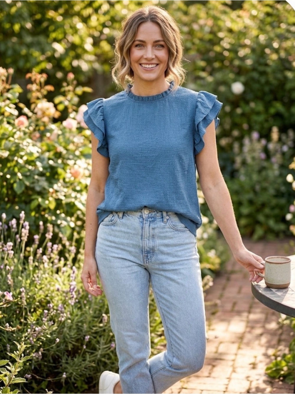 SHEIN Blue Ruffle Sleeve Textured Top